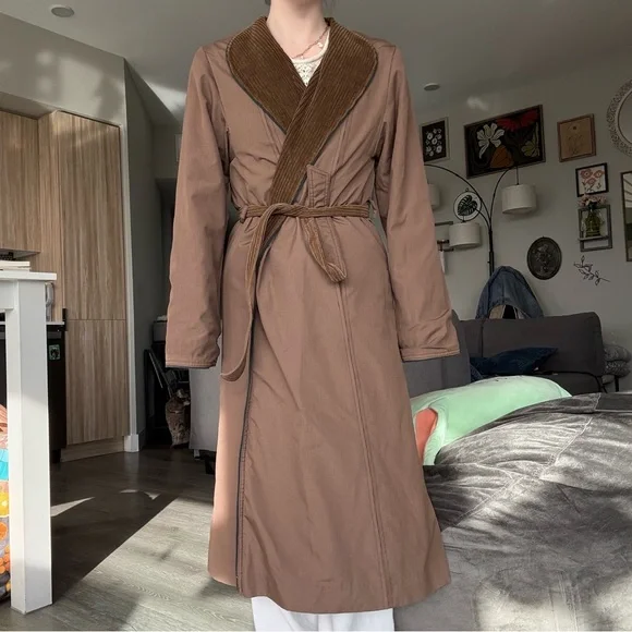 Vintage corduroy tie waist robe reversible collared neckline - Picture 4 of 6